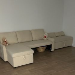 teddy material beige/tan pullout/storage couch 