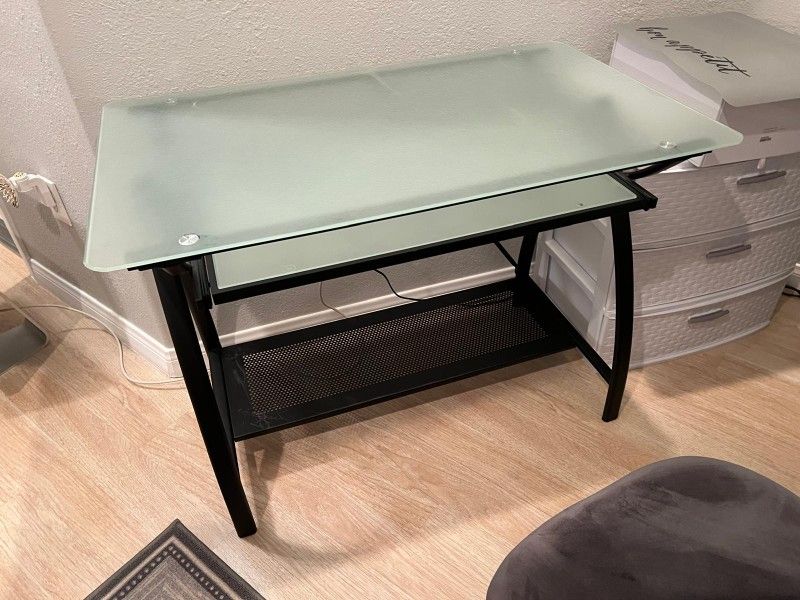 Glass And Metal Frame Desk With Sliding Keyboard Shelf