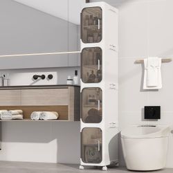 New in box 4 Tier Slim Bathroom Storage Cabinet, Foldable and Movable, White Tools Free, ABS and PET, Magnetic Clear Door, Adjustable Shelves, Lockabl