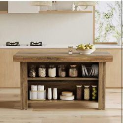 JW1252AB 55 Inches Kitchen Island with Storage, 3-Tier Farmhouse Wooden Stationary Island Table with Large Worktop & Leg Room, Modern Coffee Bar Table