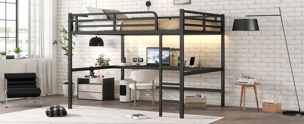 Metal Queen Size Loft Bed with Power Outlet and LED Lighted, Space-Saving, Noise Reduced, Black