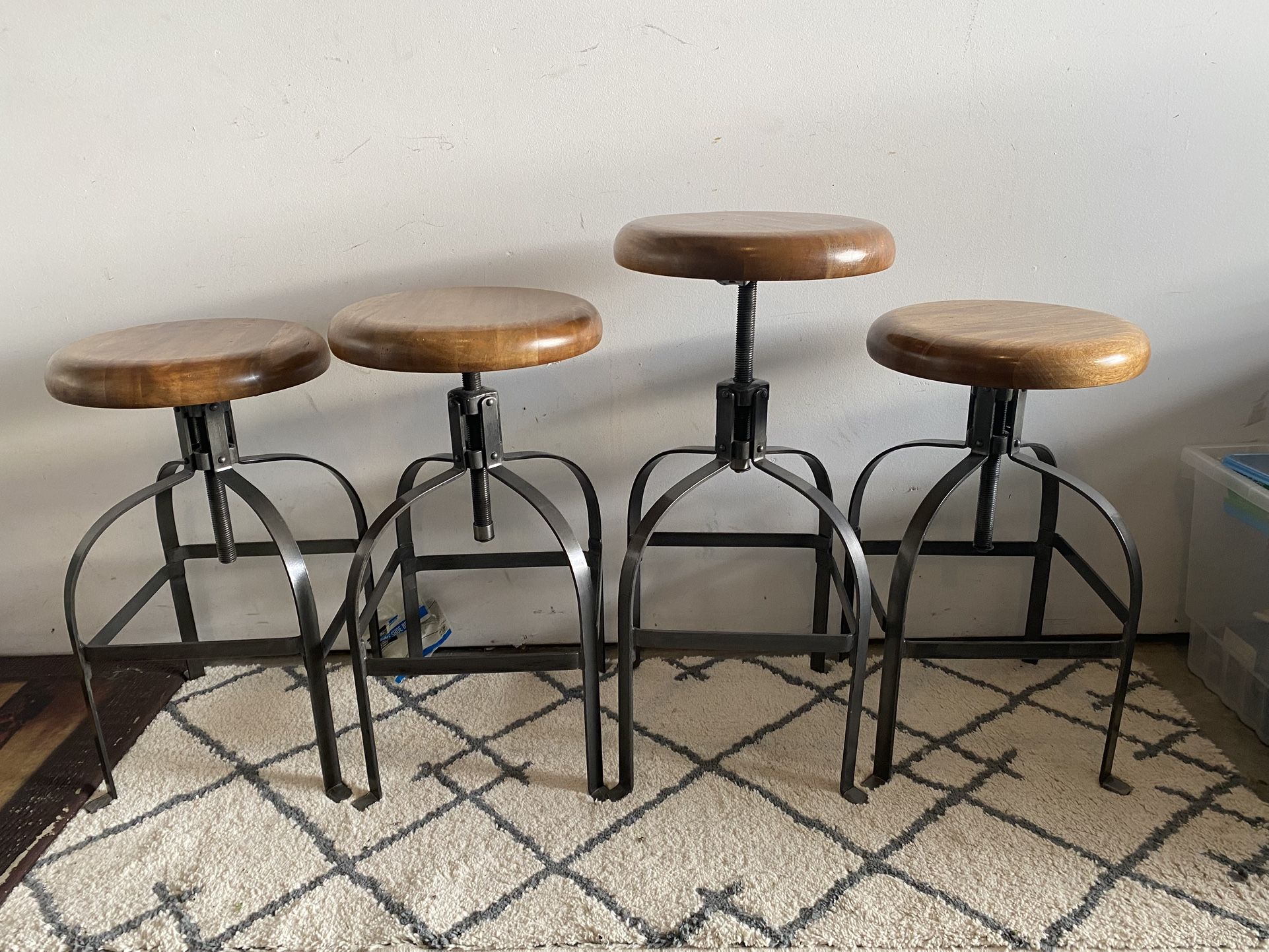 Set Of 4 Round Wood and Metal Adjustable Swivel Stool