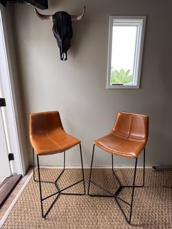 Tan Leather Dining Chairs with Black Metal Legs – Set of 2