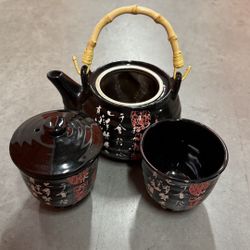 Vintage Japanese Black Ceramic Teapot Set with Bamboo Handle and 2 Cups – Calligraphy Design 