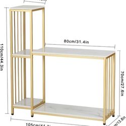 NEW Shelving Unit Shelf Shelves Bookshelf Storage 44"x 41"x 13" Brushed Gold Metal & White Faux Marble Wood Shelves 