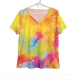 Multicolor tie dye paint splatter print v neck short sleeve t shirt size XL New 