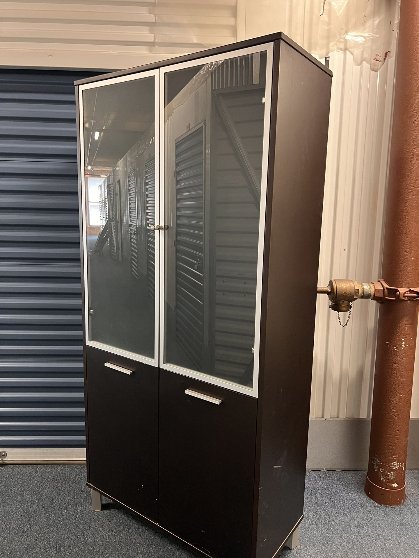Espresso Wood Cabinet With Frosted Glass Doors -Modern + Contemporary