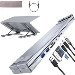 Aluminum Adjustable Laptop Stand with USB-C Hub – 4K HDMI, 5Gbps USB, Foldable and Portable
