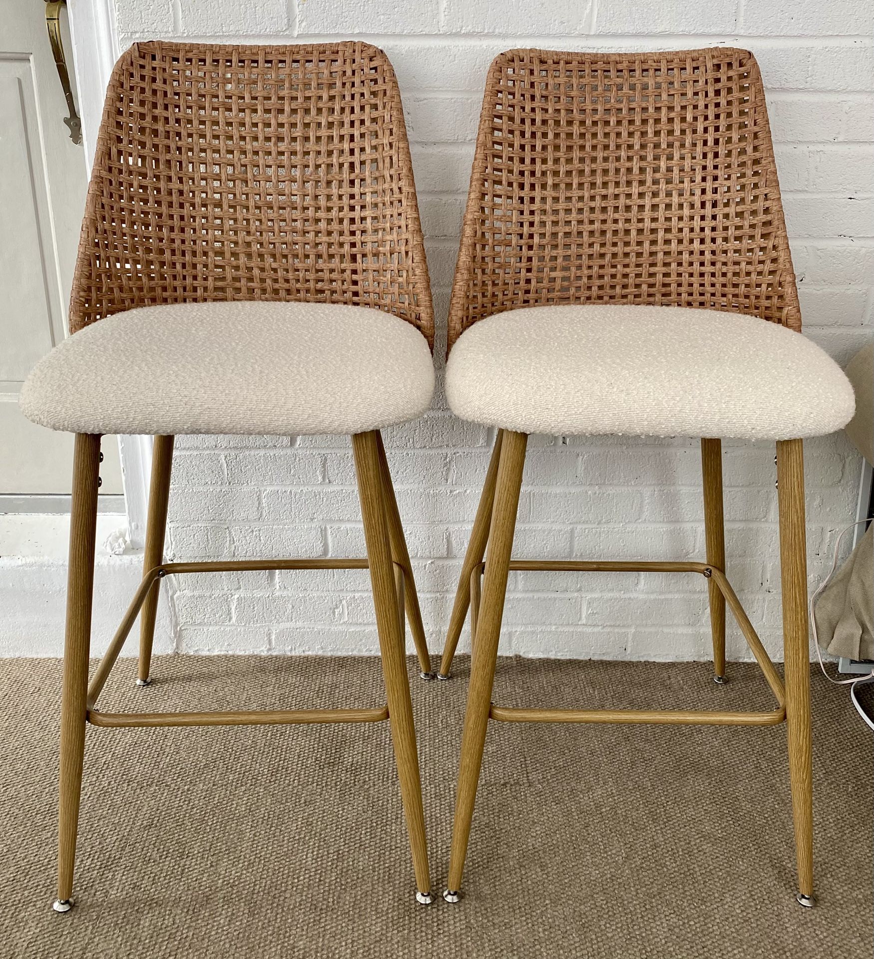 Aliette 27" Upholstered Boucle Rattan Full Back Counter Stool (Set of 2)
