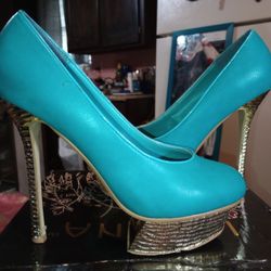 Liliana Teal And Gold Colored 6 " Heels, Size 9 NWT And Box 