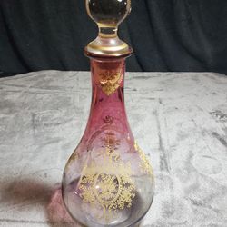 Vtg gold painted embossed floral  glass decanter w stopper