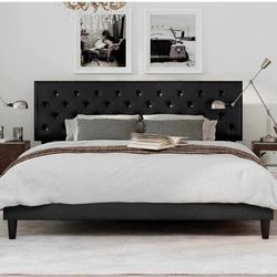 King Size Platform Bed Frame, Adjustable Faux Leather Headboard  Black S-3
