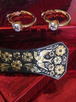 Pretty Gold decorated Hair barrette / Hair ornament & with crystal earrings