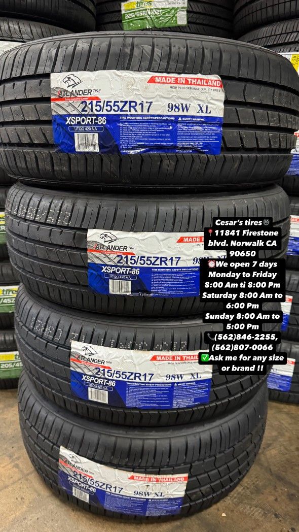 215/55R17 ATLANDER A SET OF FOUR NEW TIRES INCLUDES MOUNTING AND BALANCING WITH WARRANTY ASK ME FOR ANY SIZE OR BRAND WE HAVE THE BEST PRICES!!