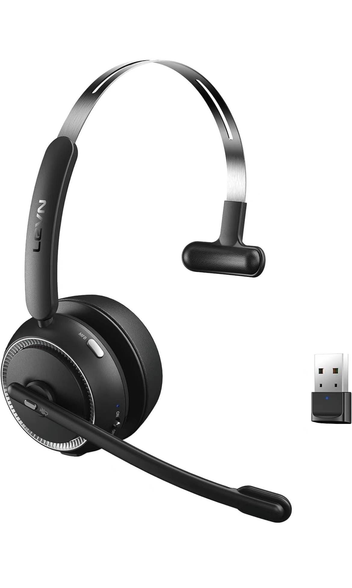 Wireless Headset with Mic for Work, Bluetooth Headset with Noise Cancelling Microphone, 65Hrs Working Time Wireless Headset with Microphone for PC Wor