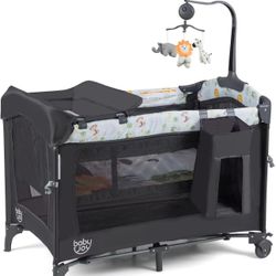 in 1 Pink Pack and Play, Baby Bedside Sleeper with Bassinet, 3 Adjustable Heights, Music Box, Easy to Install, Foldable Bedside Crib w/Changing Table,