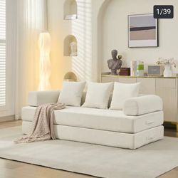 Roomfitters foldable convertible sofa bed, chenille floor sofa bed with armrests and pillows, lounge sofa.