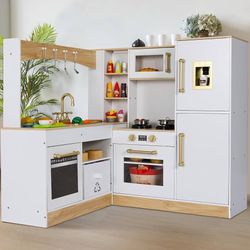 Corner Play Kitchen for Kids, Wooden Pretend Toy Kitchen, Large Toodler Cooking Playset w/Refrigerator, Stove w/Light & Sound, Disinfection Locker, Wa