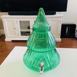 Green Glass Christmas Tree Beverage Dispenser