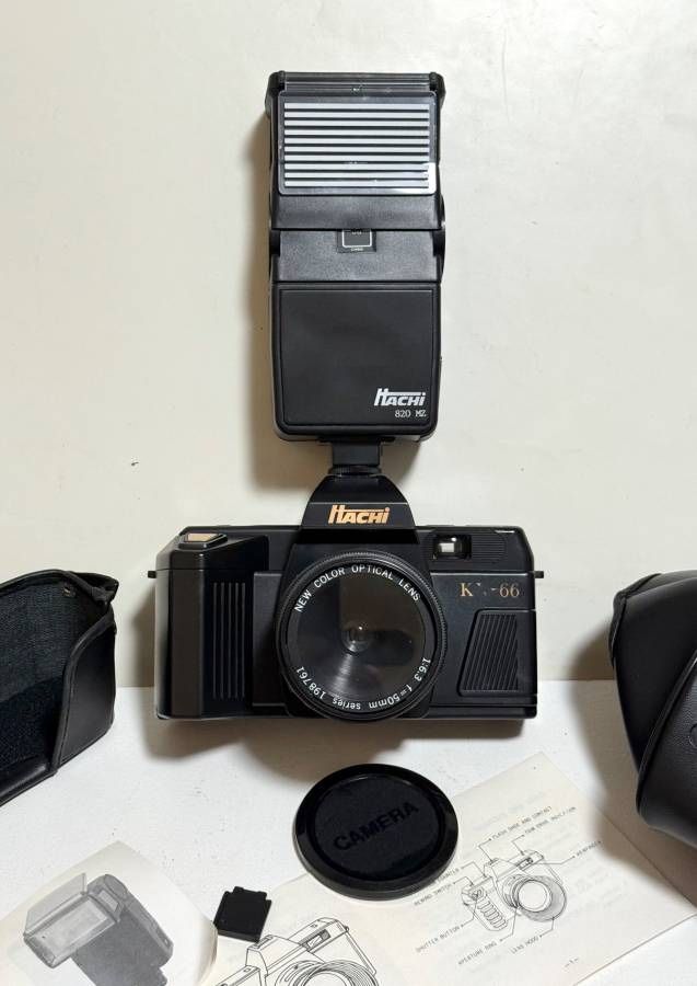 Vintage Hachi KX66 35mm Film Camera With Case And Flash Attachment