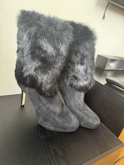Michael Kors Black Heeled Boots with Plush Fur Trim