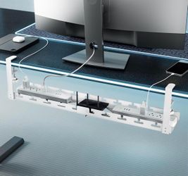 New-ARES WING 17"-28.7" Extendable Under Desk Cable Management Tray with Cable Slots, Clamp On Cord Organizer Holds Up to 11 lbs, White Metal Under De