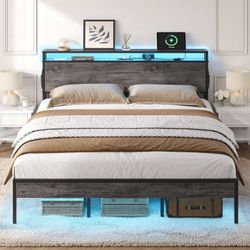 1922a  Bestier Queen Size Platform Bed Frame with Led Storage Headboard Charging Station and Bedside Caddy, Grey