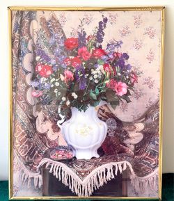 Framed Floral Wall Art-Gold Tone Frame. 20x16”-used.