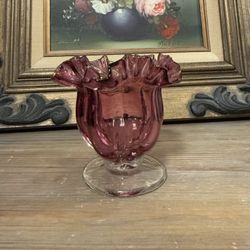 Vintage Art Glass Clear & Cranberry Glass Ruffle Edge Pedestal Bowl  4” 