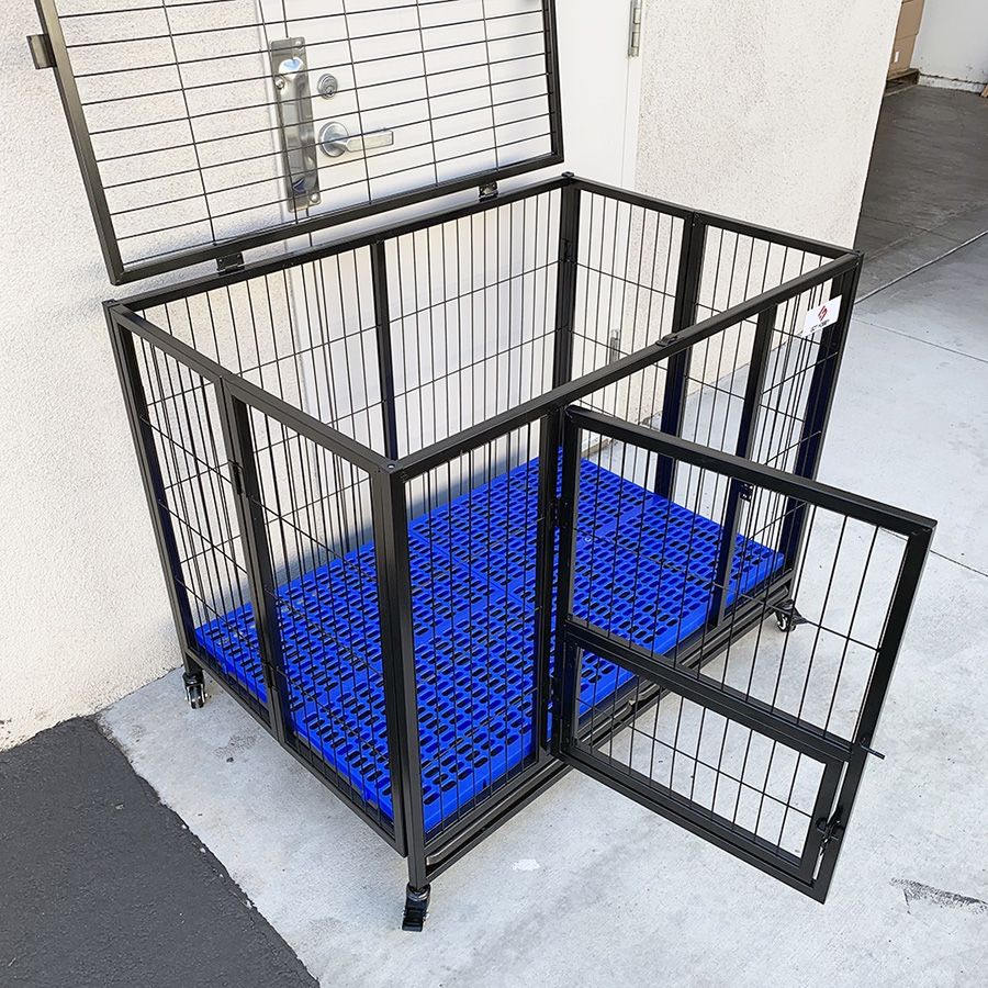 (NEW) $170 Folding Dog Cage 43x30x34” Heavy Duty Single Door Kennel w/ Plastic Tray