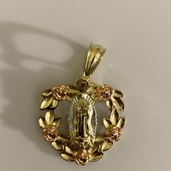 Gold plated virgin Mary heart with flower pendant