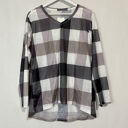 Suvimuga Women’s Long Sleeve V Neck Plaid Print Tee Shirt Grey & White NWT