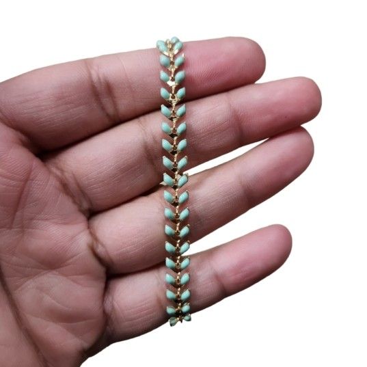 Gold Toned Mint Green Leaf Magnetic Clasp Bracelet
