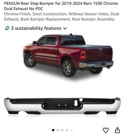 PENSUN Rear Step Bumper for 2019-2024 Ram 1500 Chrome Dual Exhaust No PDC