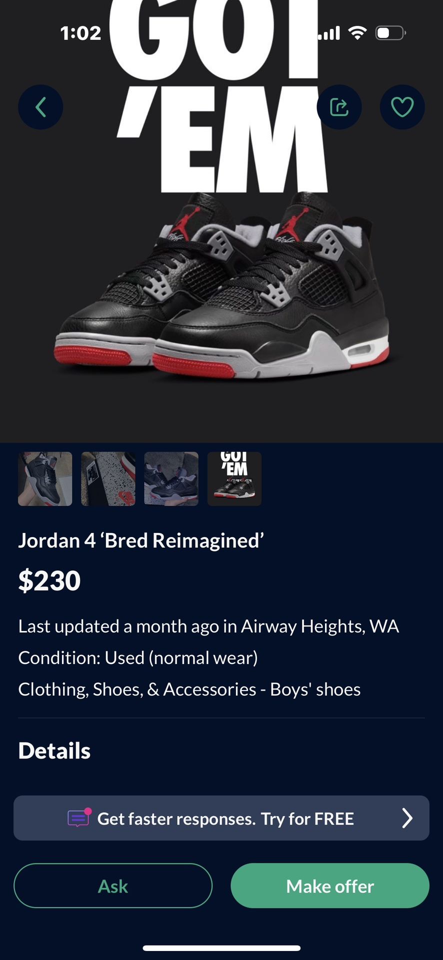 Jordan 4’s Retro Reimagined Black Grey And Red US MENS 10 