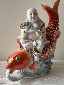 Vintage stunning large Buddha on Koi fish. Rare.