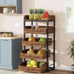 JW0604 new assembled Wood Fruit and Vegetable Storage Rack, 5-Tier Pull-Out Snack Stand Fruit Basket Stand, Utility Shelf Organizer for Kitchen, Livin