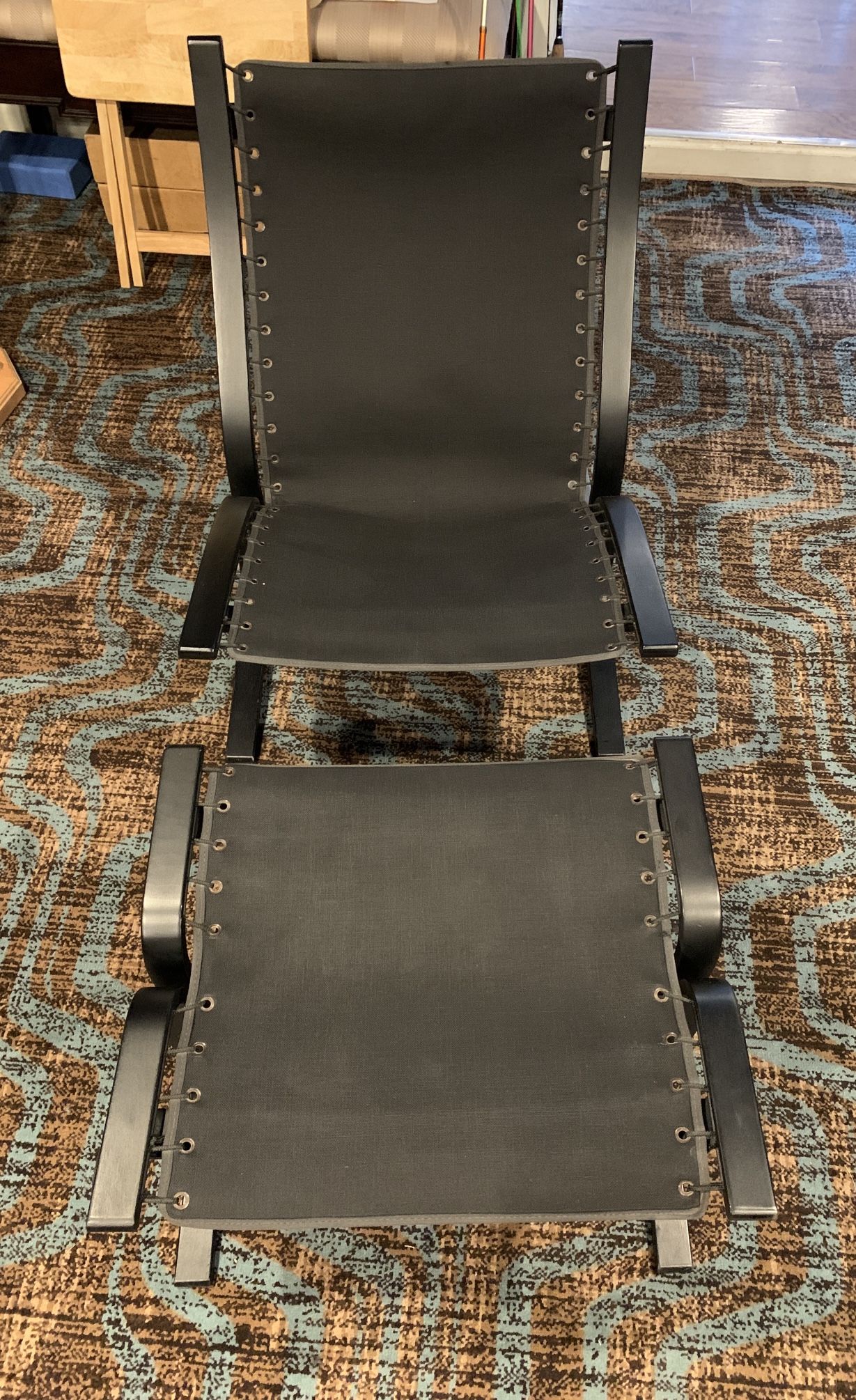 RH Restoration Hardware Style Suspended Black Wooden & Fabric Chair and Ottoman!