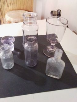 Vintage Clear Glass Bottles and Stemmed Glass Set