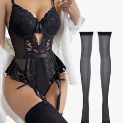 Sexy Stocking Lace Mesh Bodysuit Top Underwire Garter Lingerie Set 