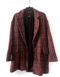 Zara brown pink plaid tweed blazer coat size L