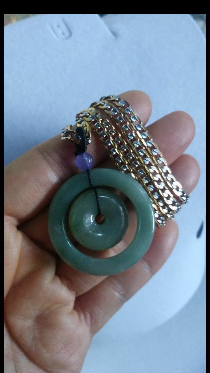 Certified genuine green jade jadeist safety buckle donut pendant Trendmax gold filled chain 24" 4mm
