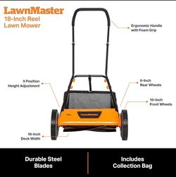 LawnMaster 18" 5-Blade Push Reel Lawn Mower, Orange/Black