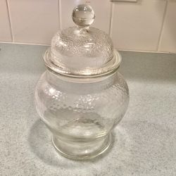 1960s Textured Clear Glass Apothecary Jar - Cookie / Candy Lidded Container