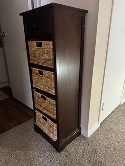 Dark Wood Storage Tower with Wicker Baskets