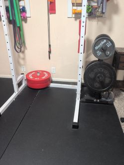 Squat rack, bar and weights