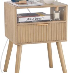 Nightstand with Charging Station – Wood Side Table w/ Drawer