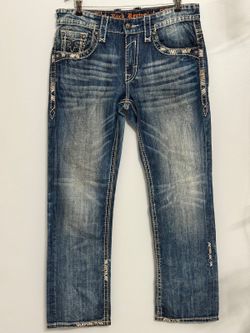Y2K Rock Revival James Straight Jeans Men 34 Heavy Stitch Distressed