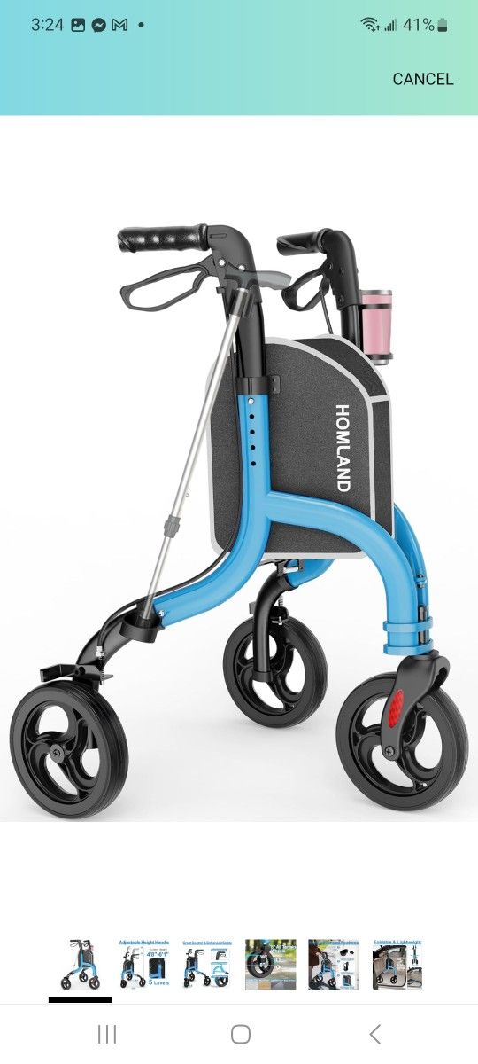 3 Wheel Walkers for Seniors, FSA/HSA Eligible Foldable Wheeled Rollator with Cane Hold and Cup Hold, Three Wheel Rolling Walker Height Adjustable for 