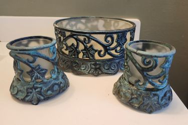 Wrought Iron & Frosted Glass Plant/Candle Holder Set - 3 Pieces - Ivy Leaf Scroll